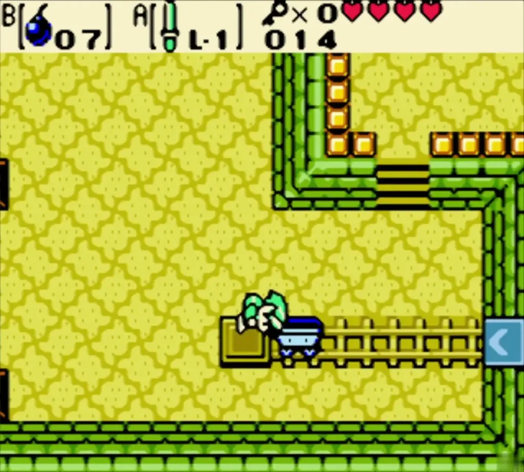 Link stepping into the minecart facing the rails heading east Link stepping into the minecart facing the rails heading east