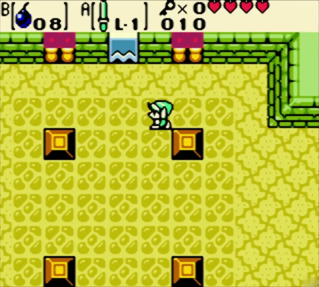 Link pushing the upper-right central block in the second room Link pushing the upper-right central block in the second room