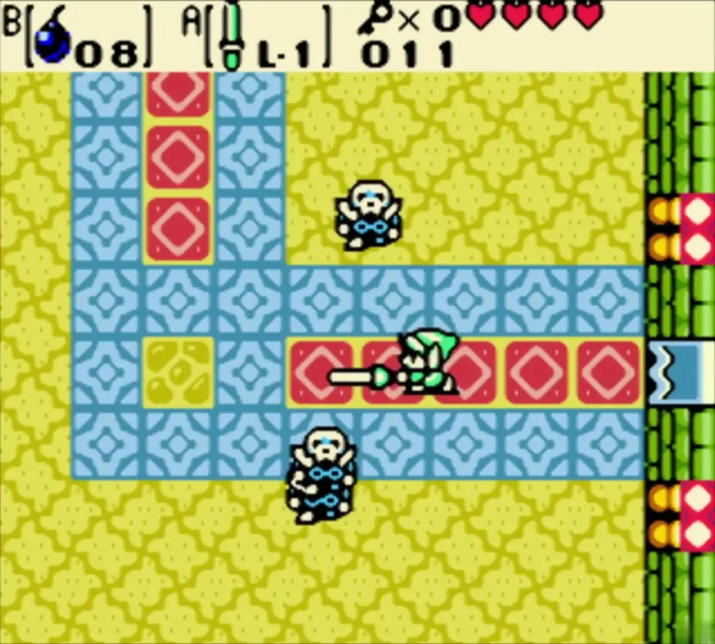 Link fighting Stalfos on the red and blue tile floor Link fighting Stalfos on the red and blue tile floor
