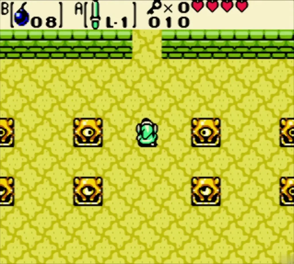 Link walking north through the room of eye statues Link walking north through the room of eye statues