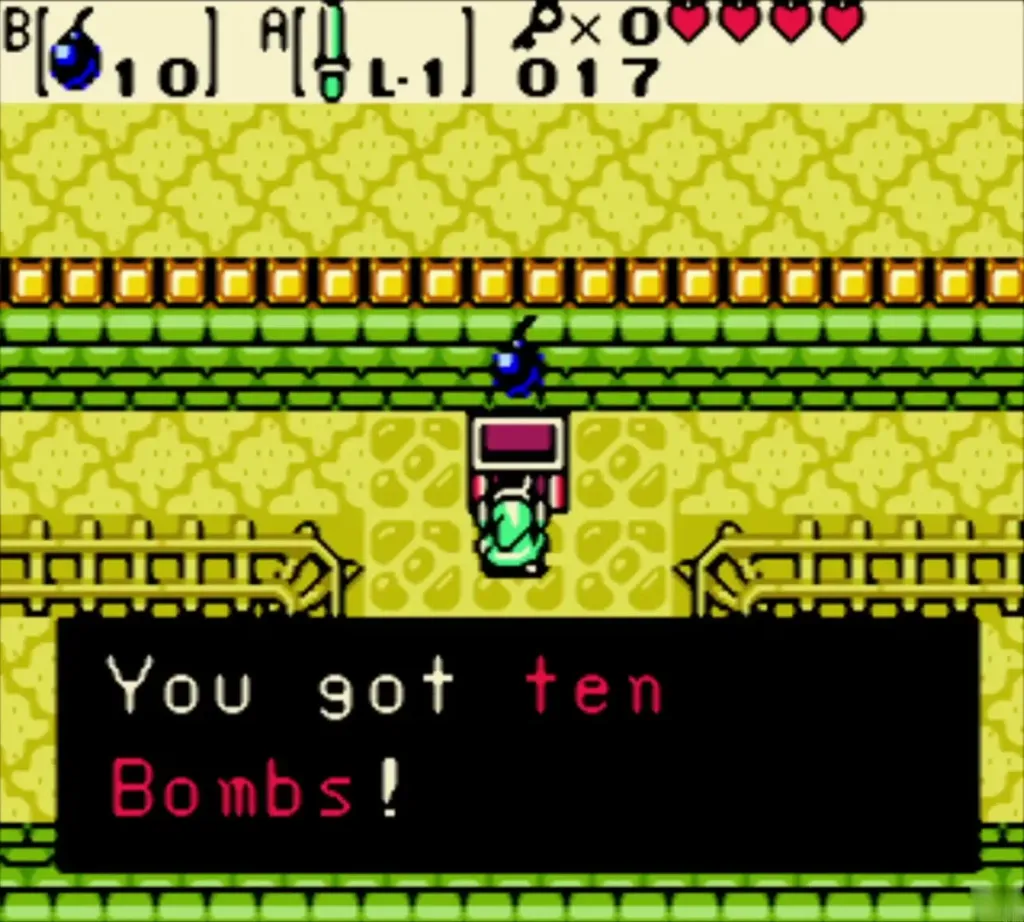 Link holding up the bombs with the You got ten Bombs message Link holding up the bombs with the You got ten Bombs message