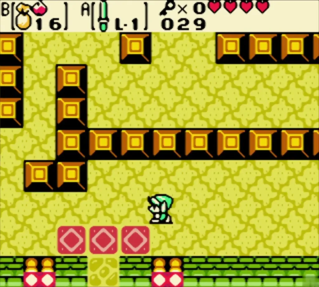Link in front of the sealed door flanked by the second pair of torches Link in front of the sealed door flanked by the second pair of torches