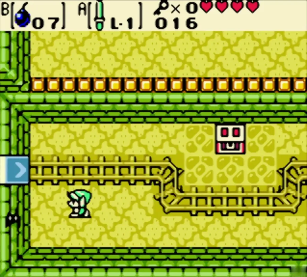 Link walking back along the track toward the chest next to the rails Link walking back along the track toward the chest next to the rails