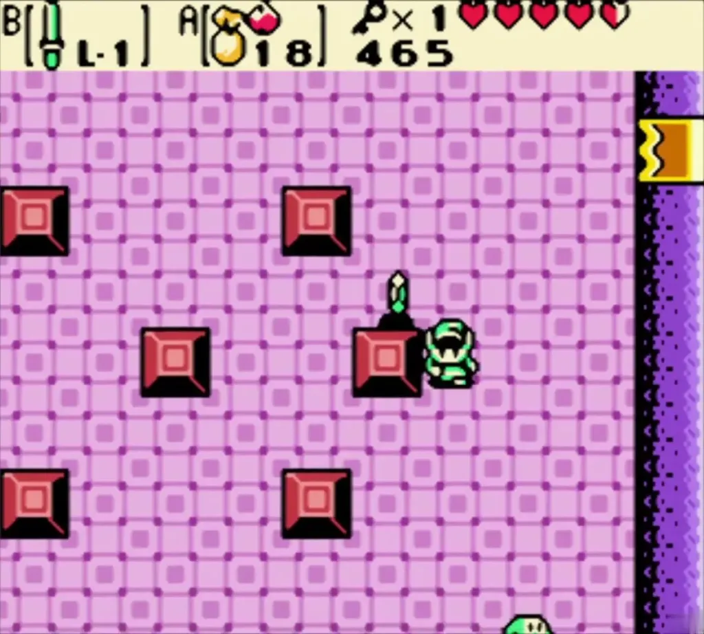 Link pushing the right-hand block east in the block room Link pushing the right-hand block east in the block room