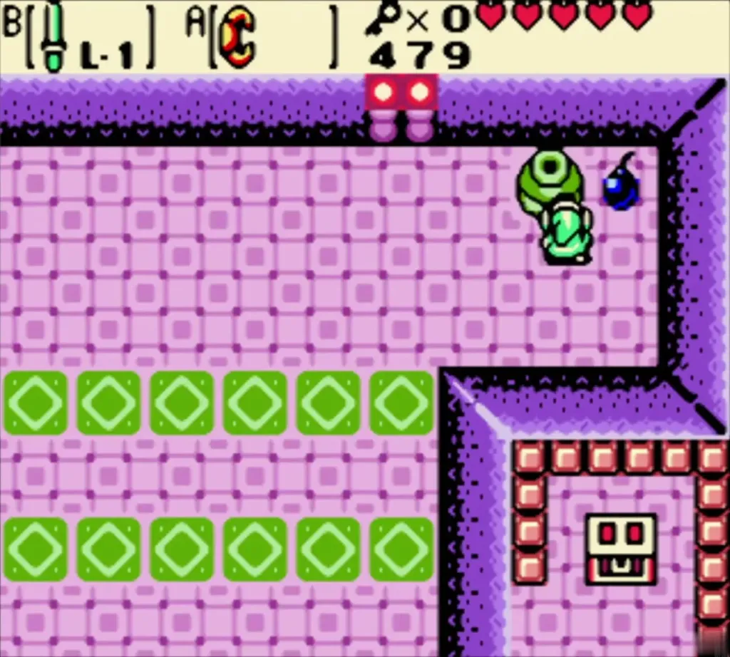 Link carrying a lit Bomb to the cracked wall in the north corner Link carrying a lit Bomb to the cracked wall in the north corner
