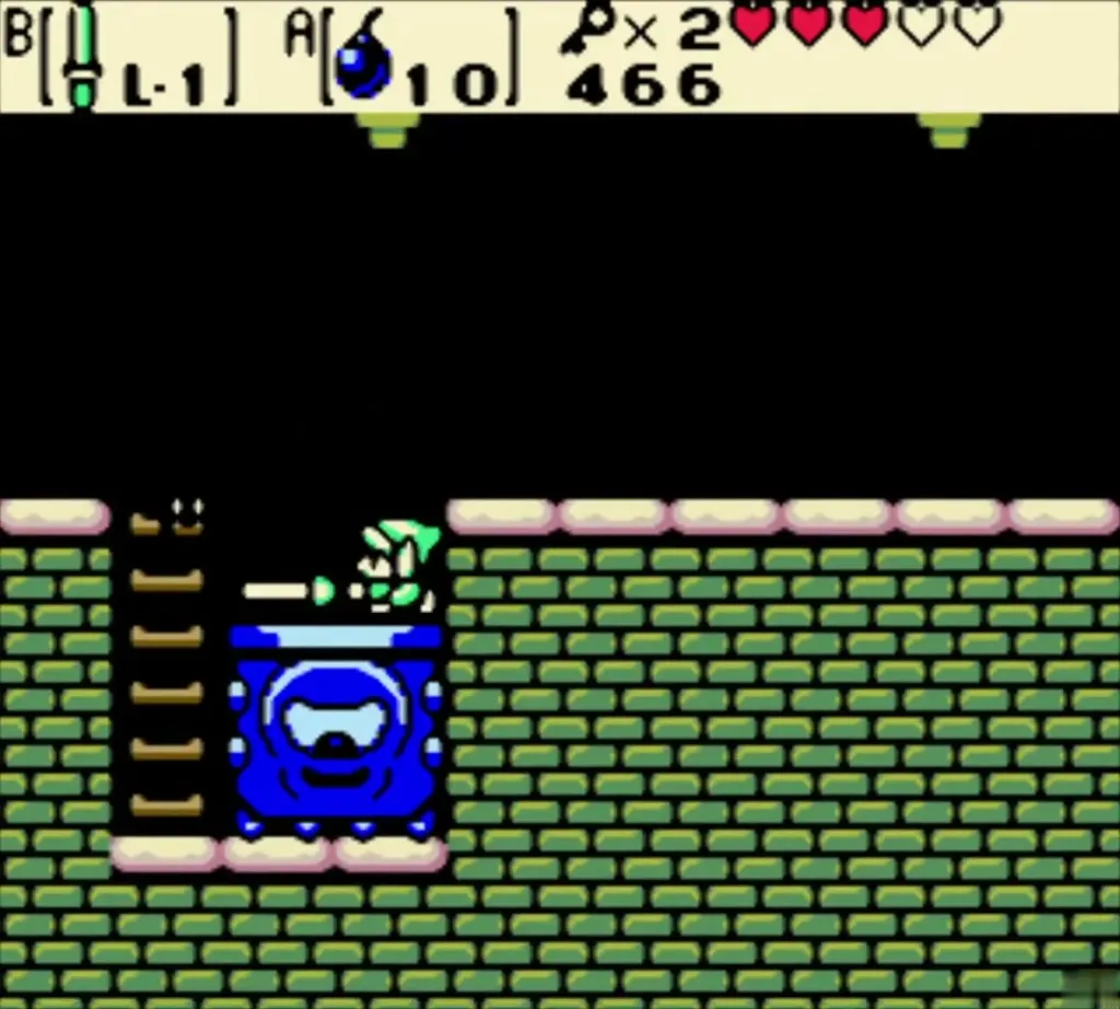 Link crossing over the giant Thwomp's head to the ladder Link crossing over the giant Thwomp's head to the ladder