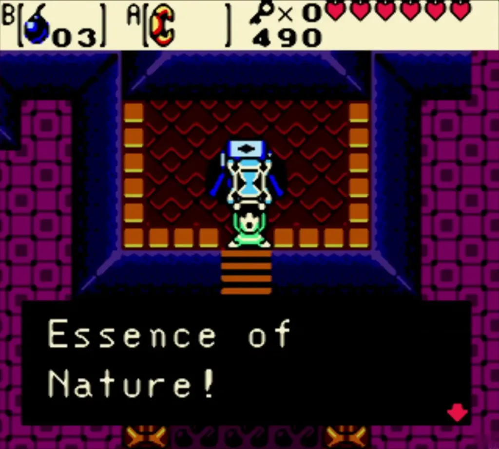 Link holding up the Essence of Nature with its message box fully shown Link holding up the Essence of Nature with its message box fully shown
