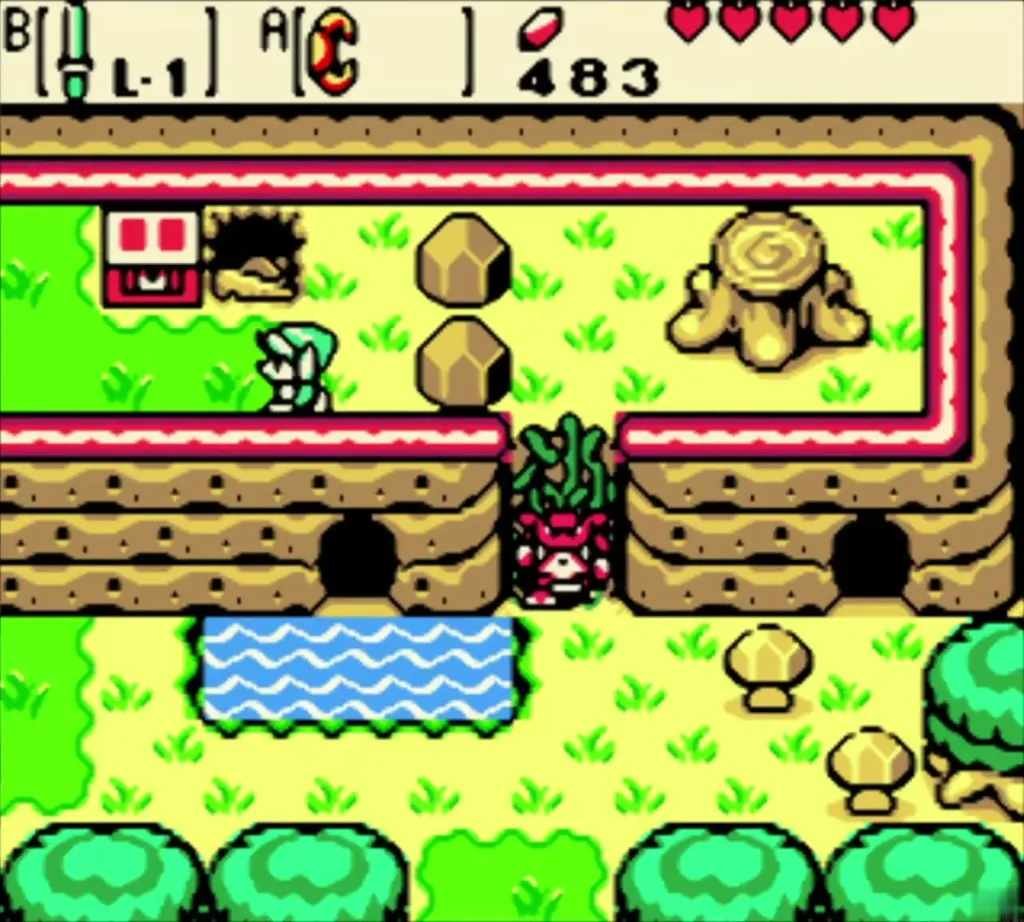 Link walking toward the small chest next to the stairs outside Link walking toward the small chest next to the stairs outside