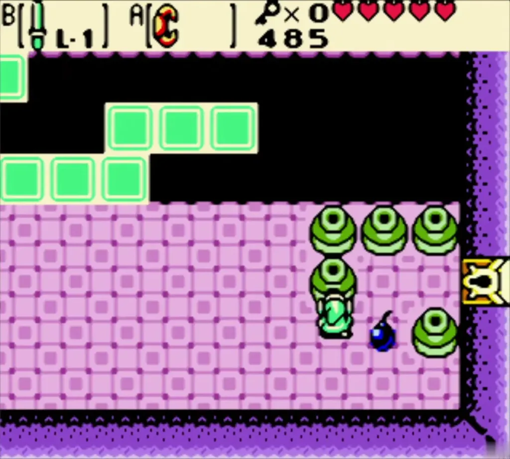 Link lifting the pots that block the boss door with a Bomb nearby Link lifting the pots that block the boss door with a Bomb nearby