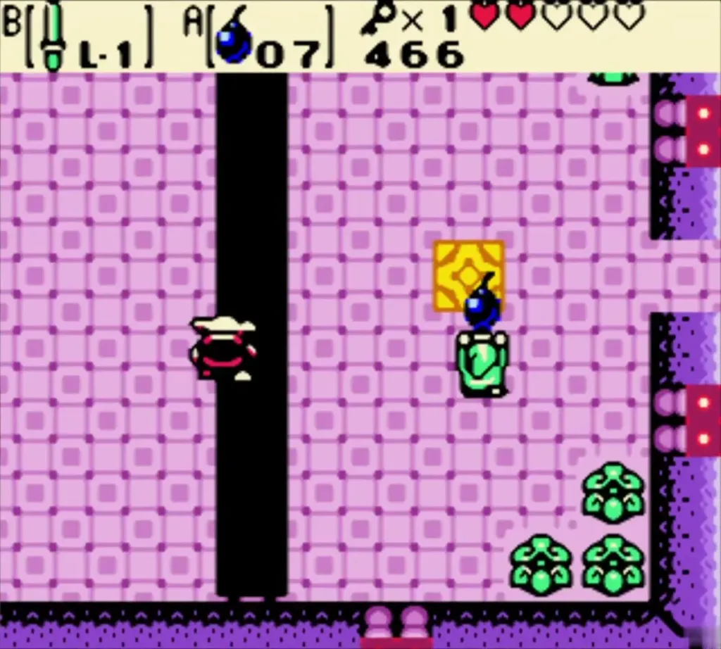 Link holding a lit Bomb to throw across the gap at a Pig Warrior Link holding a lit Bomb to throw across the gap at a Pig Warrior