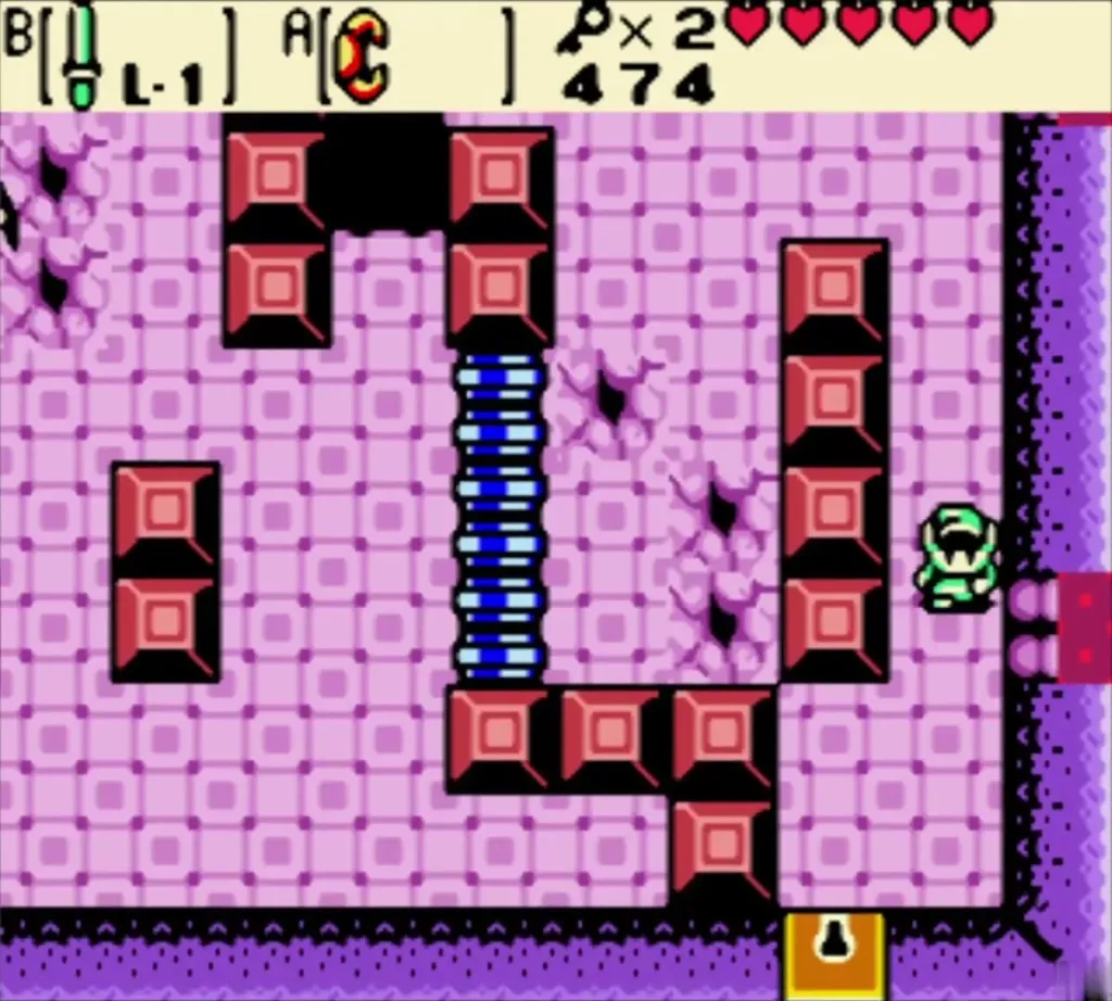 Link approaching the locked door at the bottom of the roller room Link approaching the locked door at the bottom of the roller room