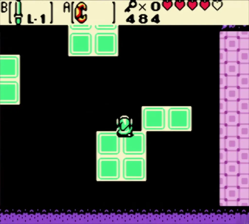 Link riding the first moving platform over the pit Link riding the first moving platform over the pit