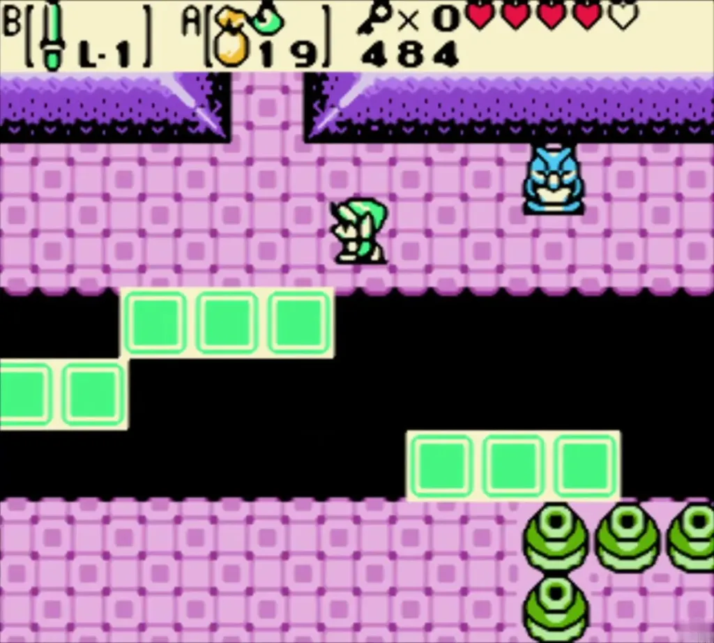 Link on the left side of the platform room beside an owl statue Link on the left side of the platform room beside an owl statue