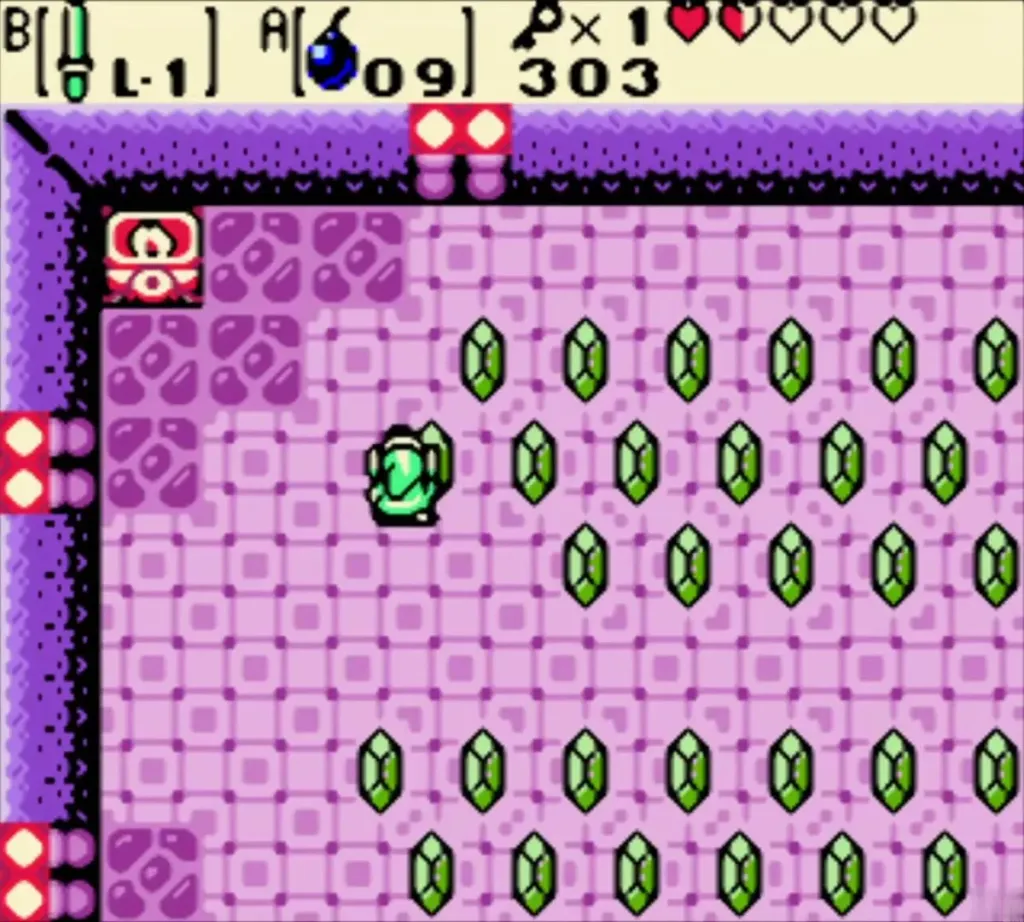 Link entering the hidden room covered with green Rupees Link entering the hidden room covered with green Rupees