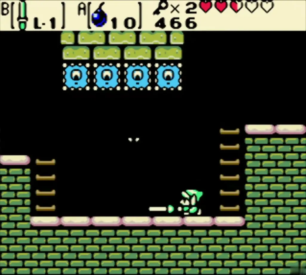 Link walking left under the four small Thwomps Link walking left under the four small Thwomps