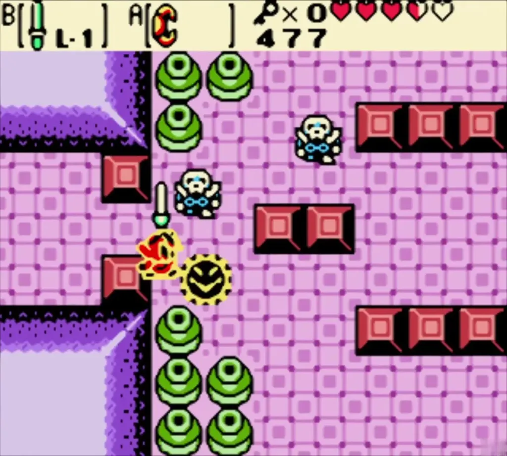 Link fighting Stalfos and Sparks near the key block Link fighting Stalfos and Sparks near the key block