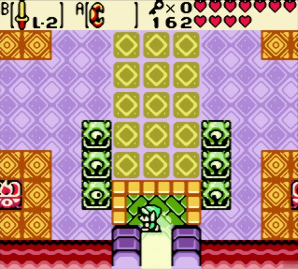 Link stepping into the purple and orange entrance hall of Unicorn's Cave