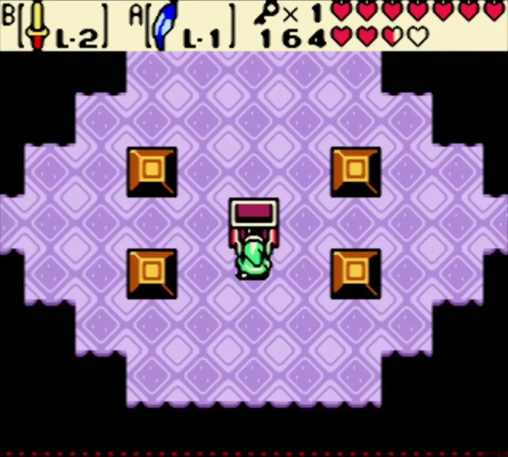 Link beside the opened chest in the hexagonal room with four chests around it