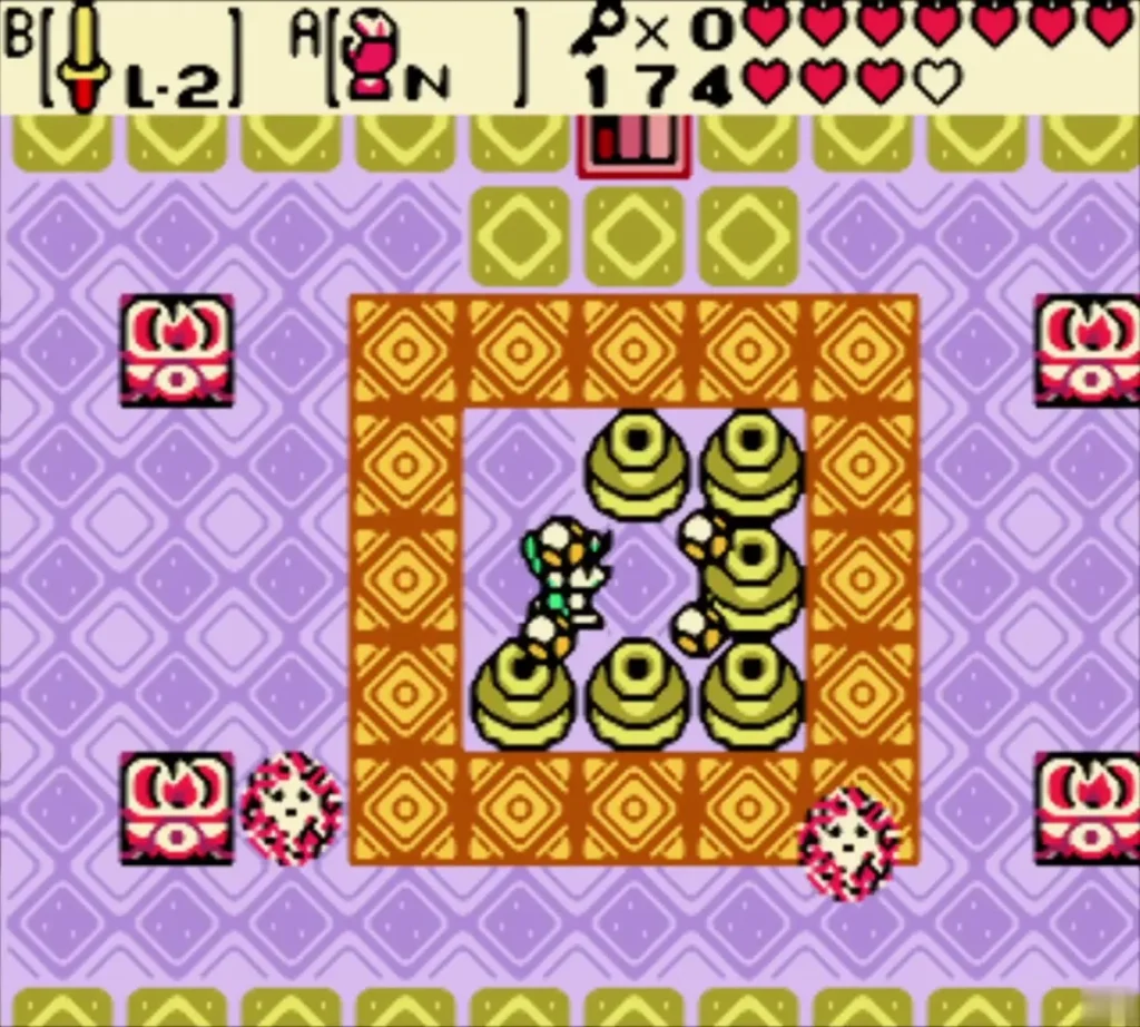 Link with the Magnetic Gloves equipped among metal spheres in an orange-bordered room