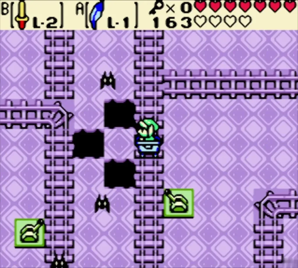 Link riding a mine cart along the rails in Unicorn's Cave