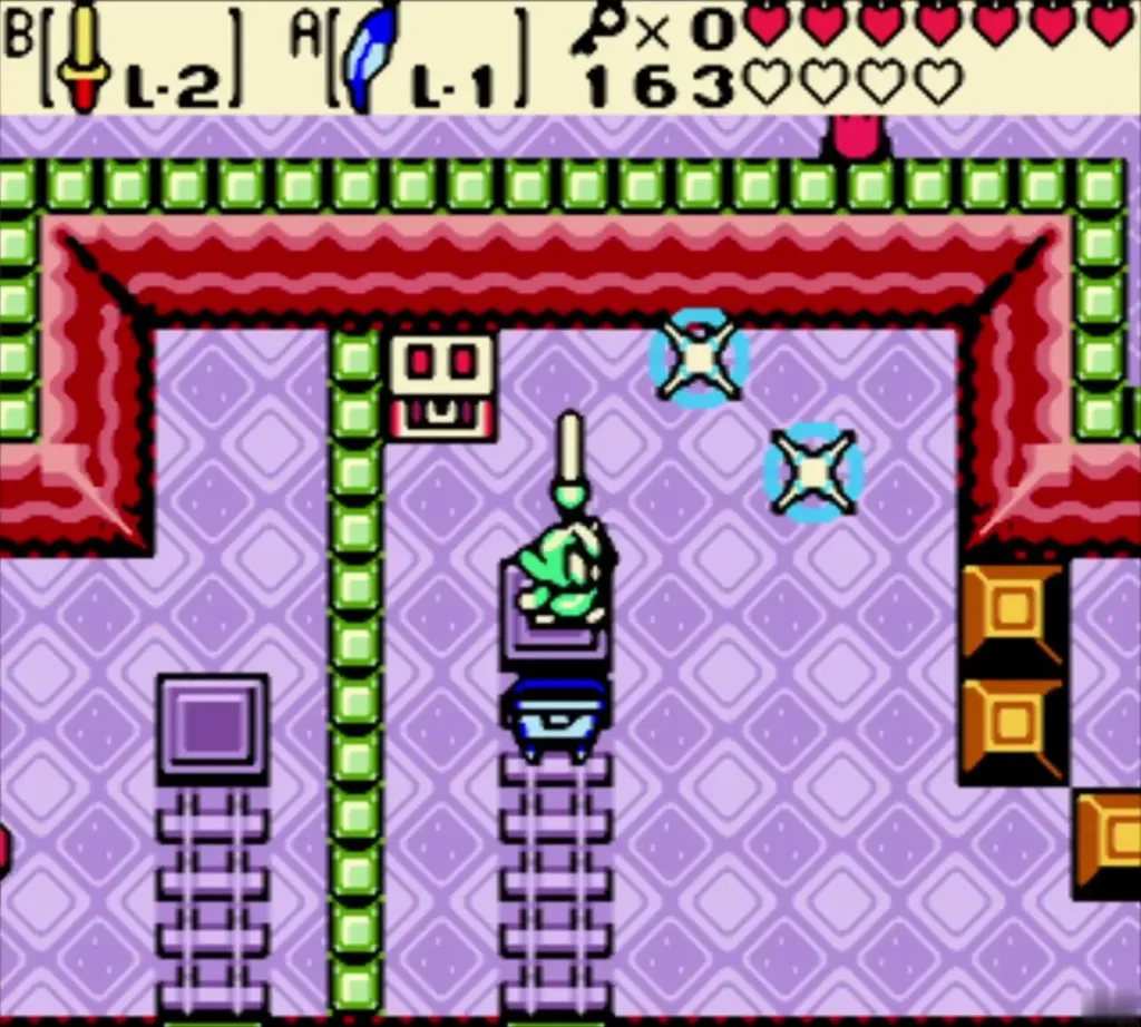 Link on the mine cart on the rails, sword raised toward a switch