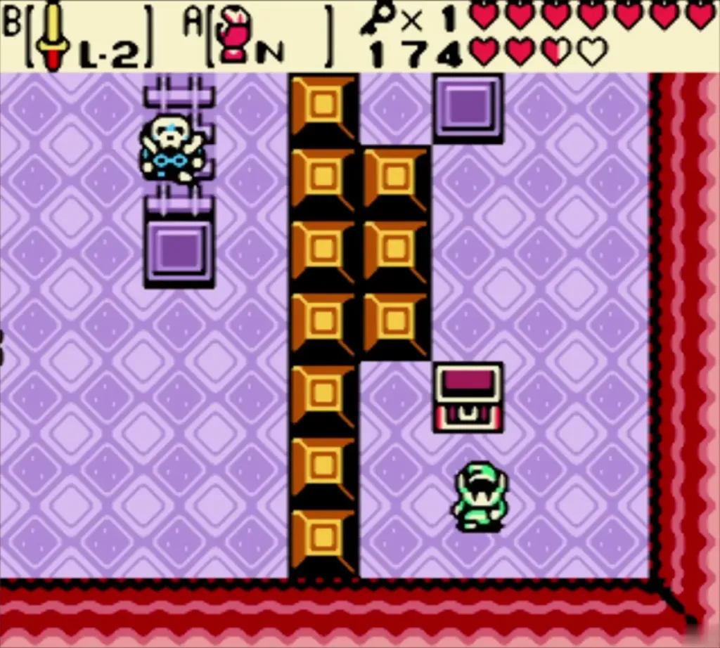 Link beside an opened chest in the pit room of Unicorn's Cave