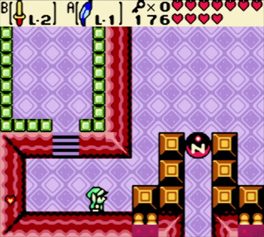 Link in a purple hall with 176 rupees shown in the HUD