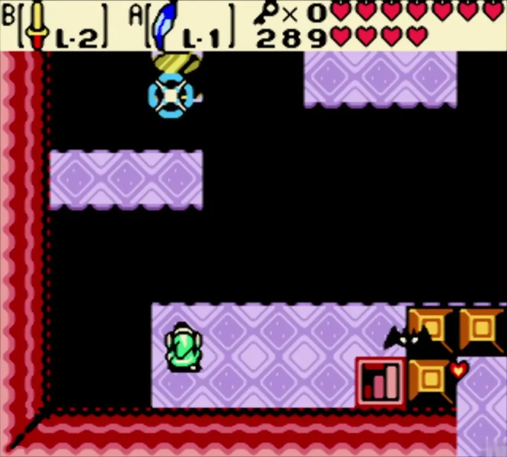 Link on a purple platform beside a pit in Unicorn's Cave