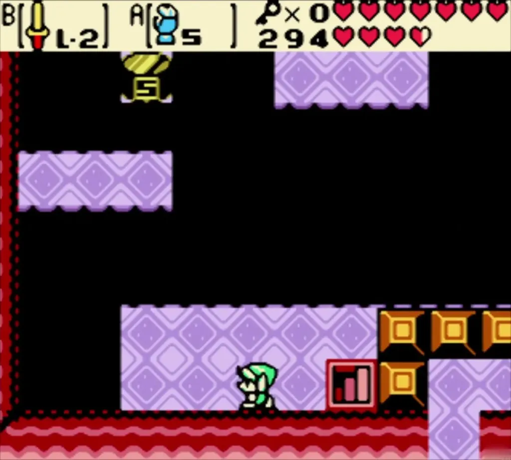Link on purple platforms next to a red chest in Unicorn's Cave