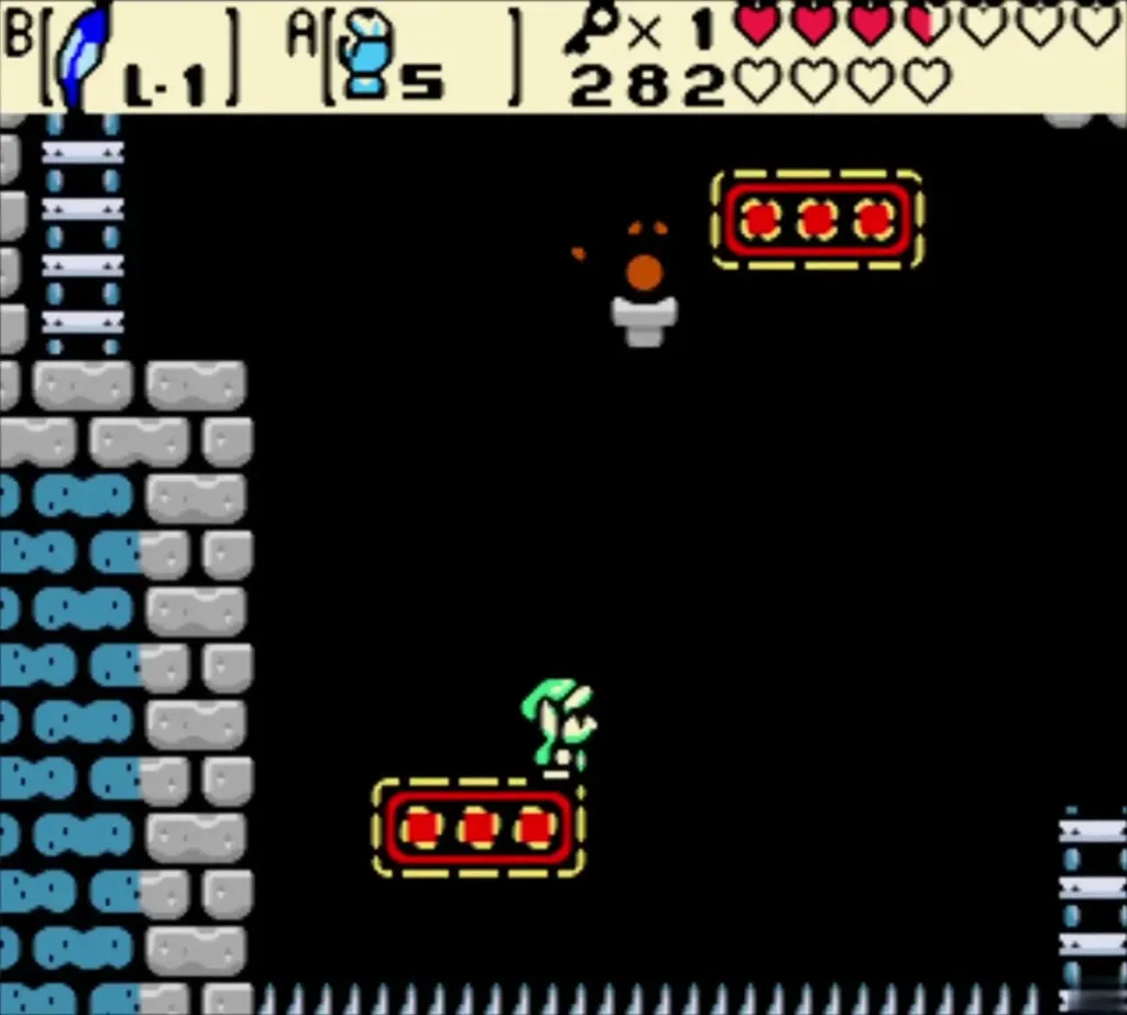 Link jumping over a red moving platform in the side-view room