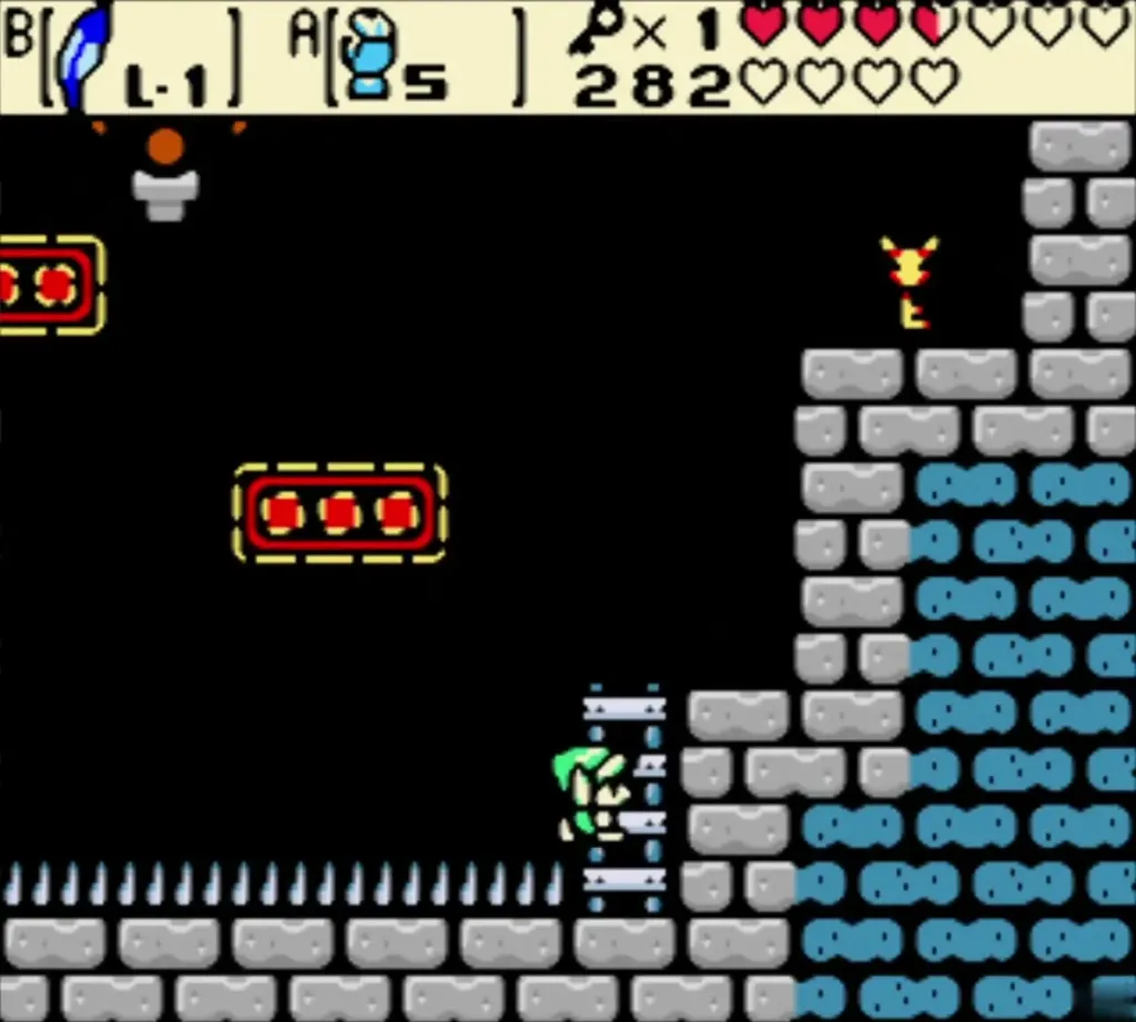 Link at the ladder in the side-view room with spikes below