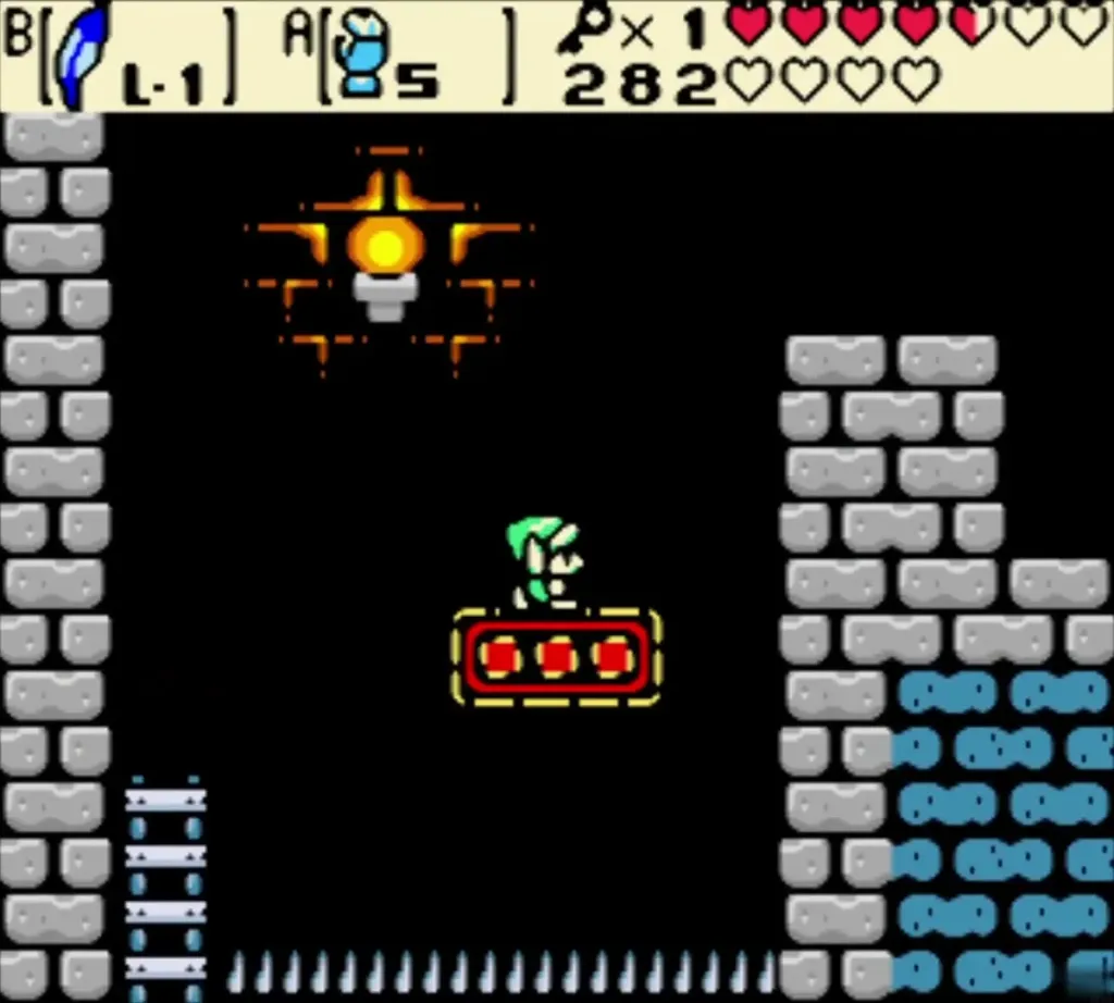 Link standing on a red moving platform above spikes in the side-view room