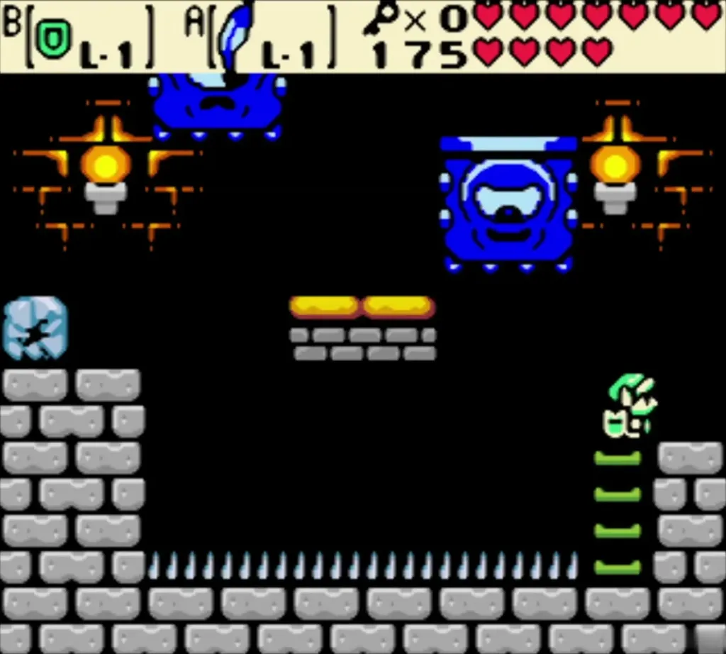 Side-view room with a row of spikes, stone blocks and a blue block