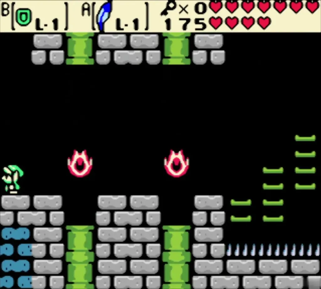 Side-view room of Unicorn's Cave with stacked stone blocks and green pillars