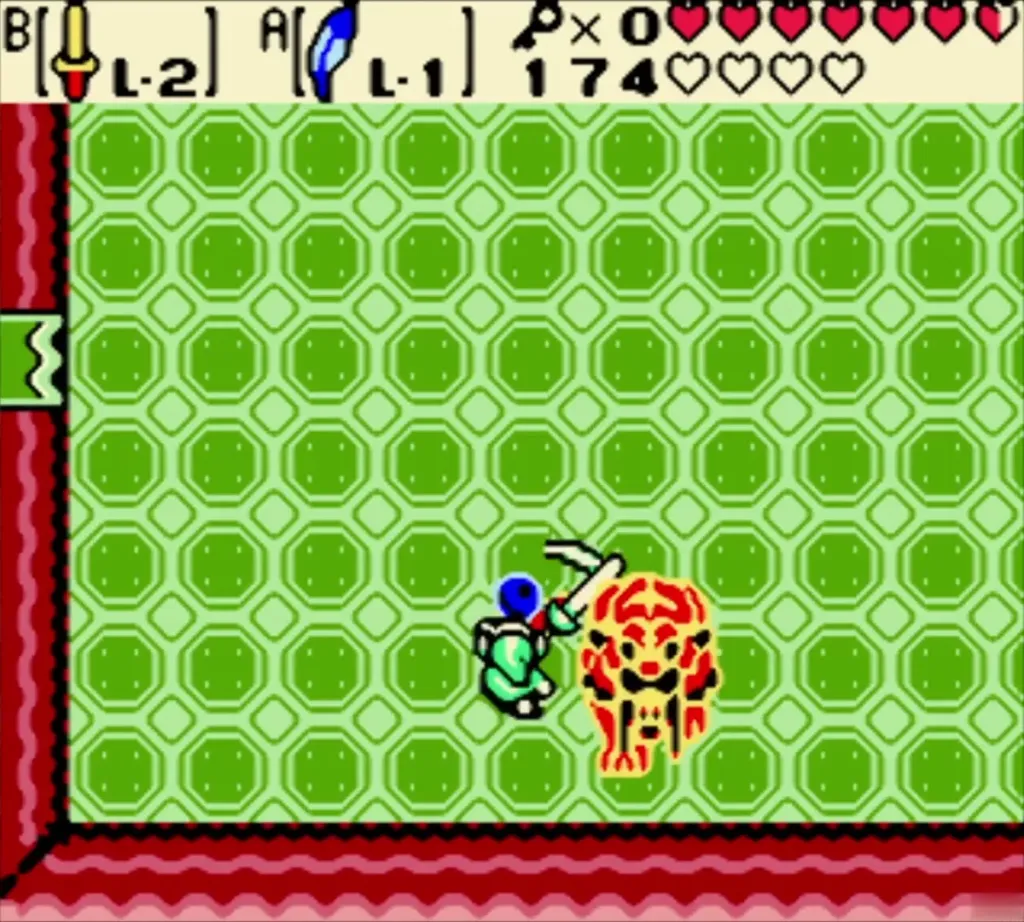Link striking Syger with the Noble Sword in the green octagon room