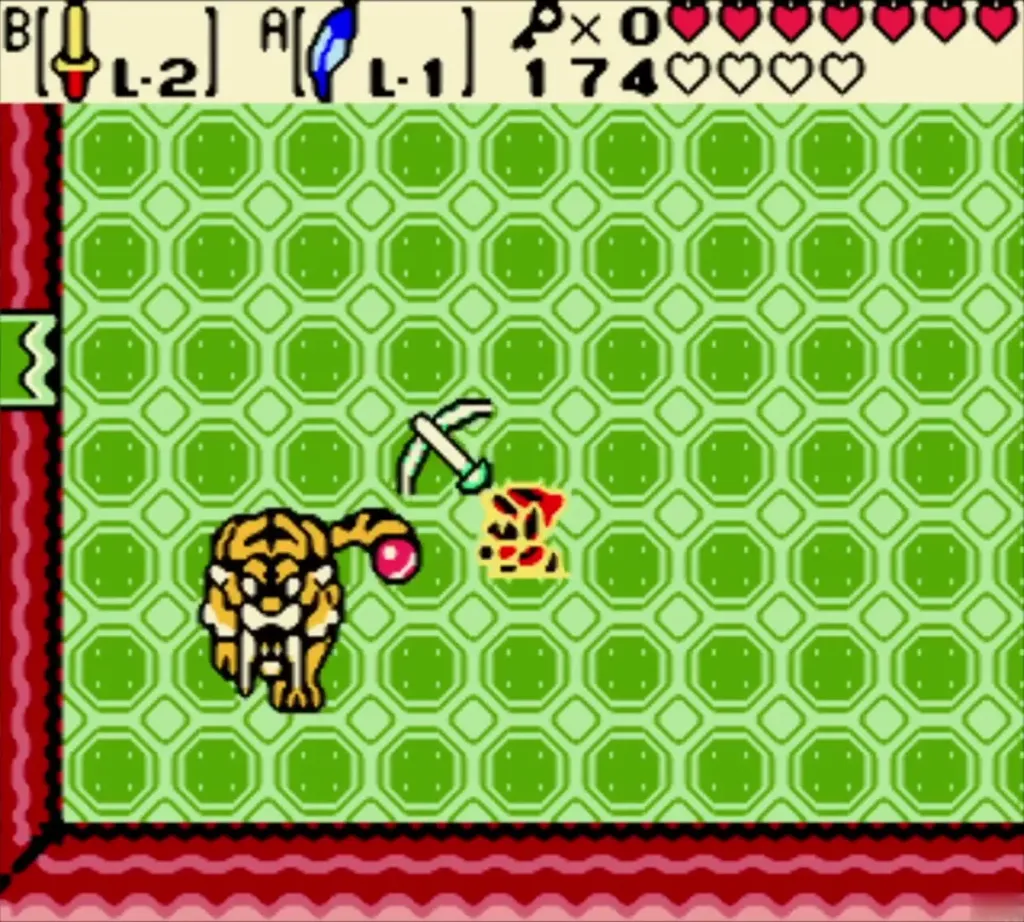 Syger the tiger running across the green octagon room