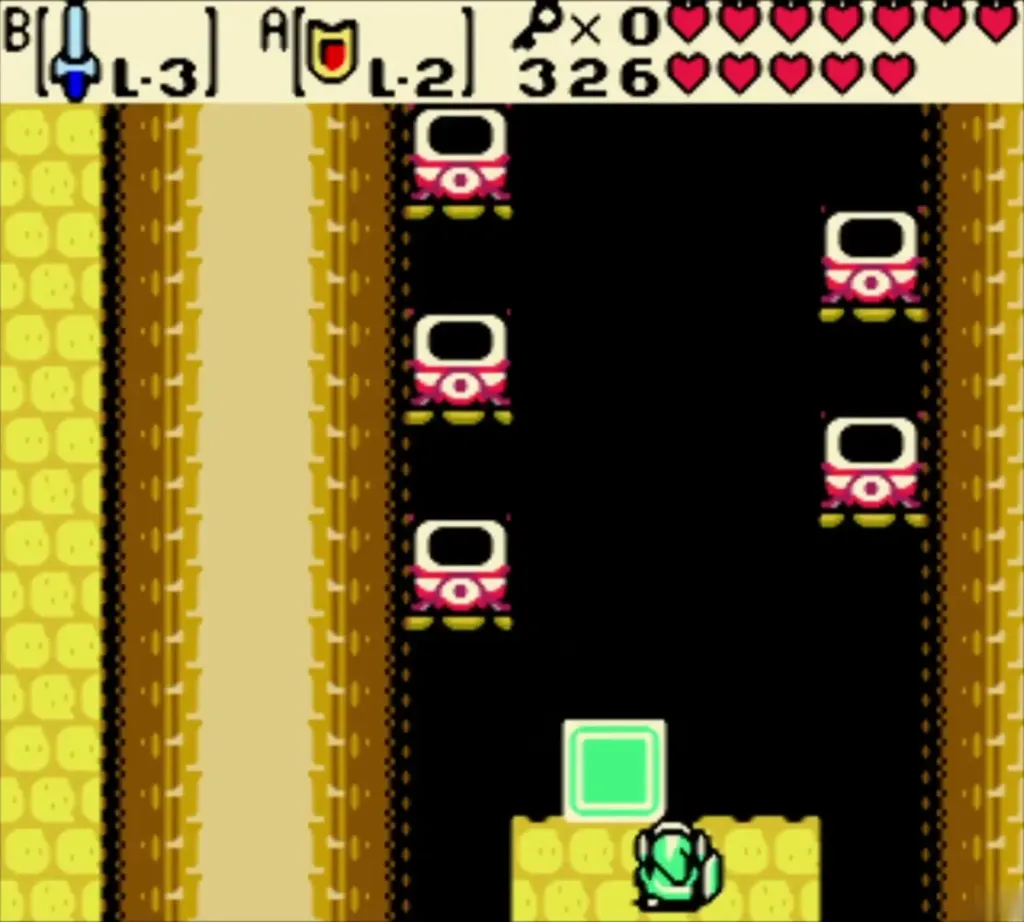 Link slipping down a corridor of arrow turrets toward the hole in the Ancient Ruins Link slipping down a corridor of arrow turrets toward the hole in the Ancient Ruins