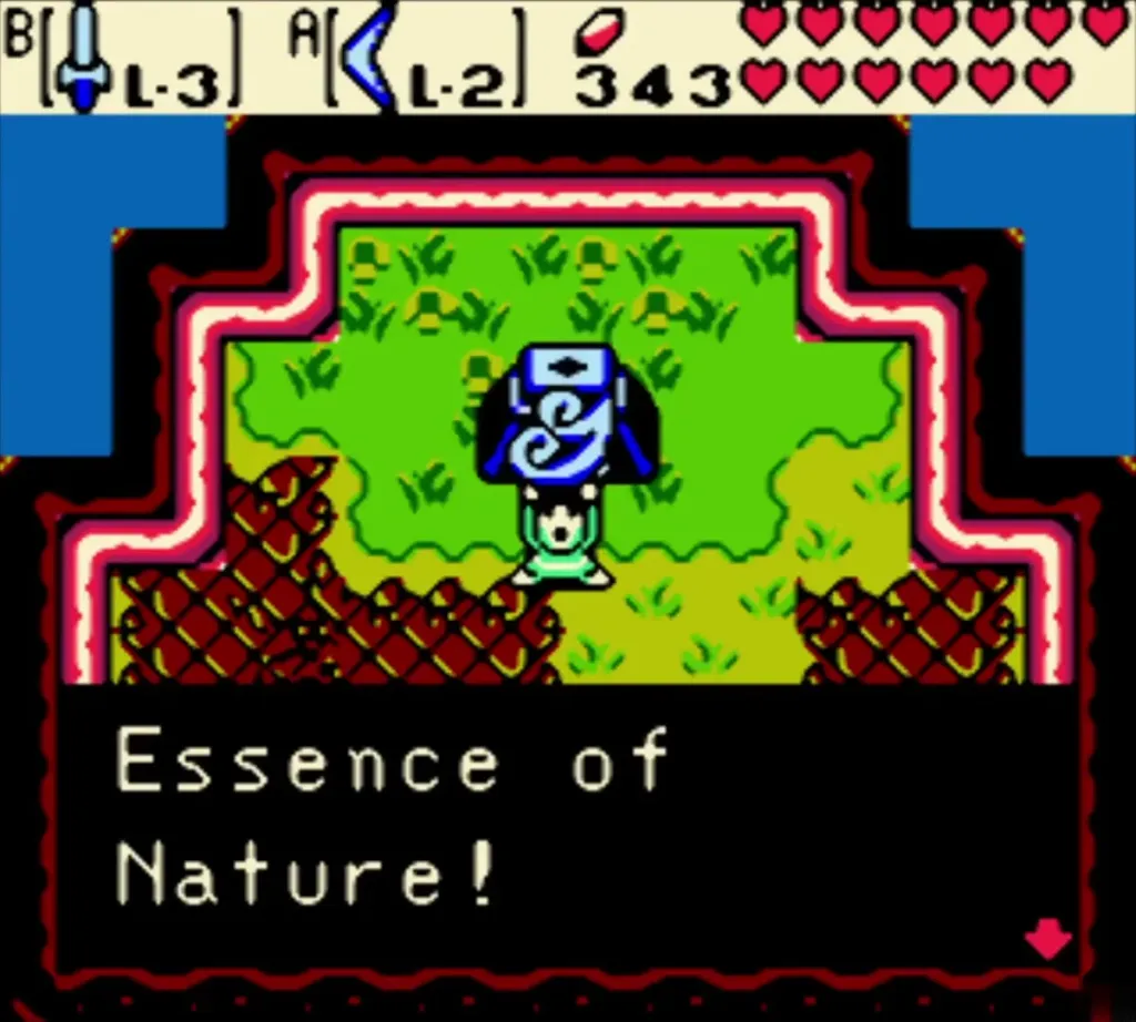 Link holding up the Blowing Wind Essence of Nature, with the complete message box on screen Link holding up the Blowing Wind Essence of Nature, with the complete message box on screen