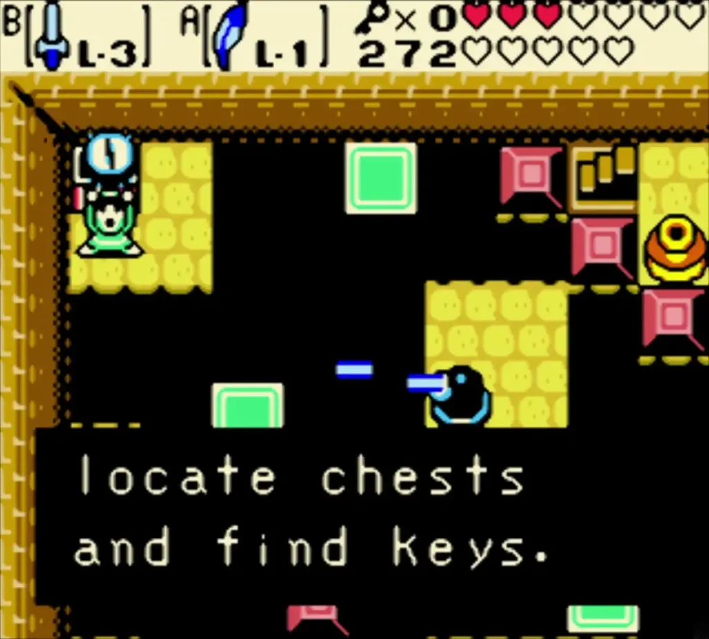 Link holding up the Compass with the complete message about finding chests and keys Link holding up the Compass with the complete message about finding chests and keys