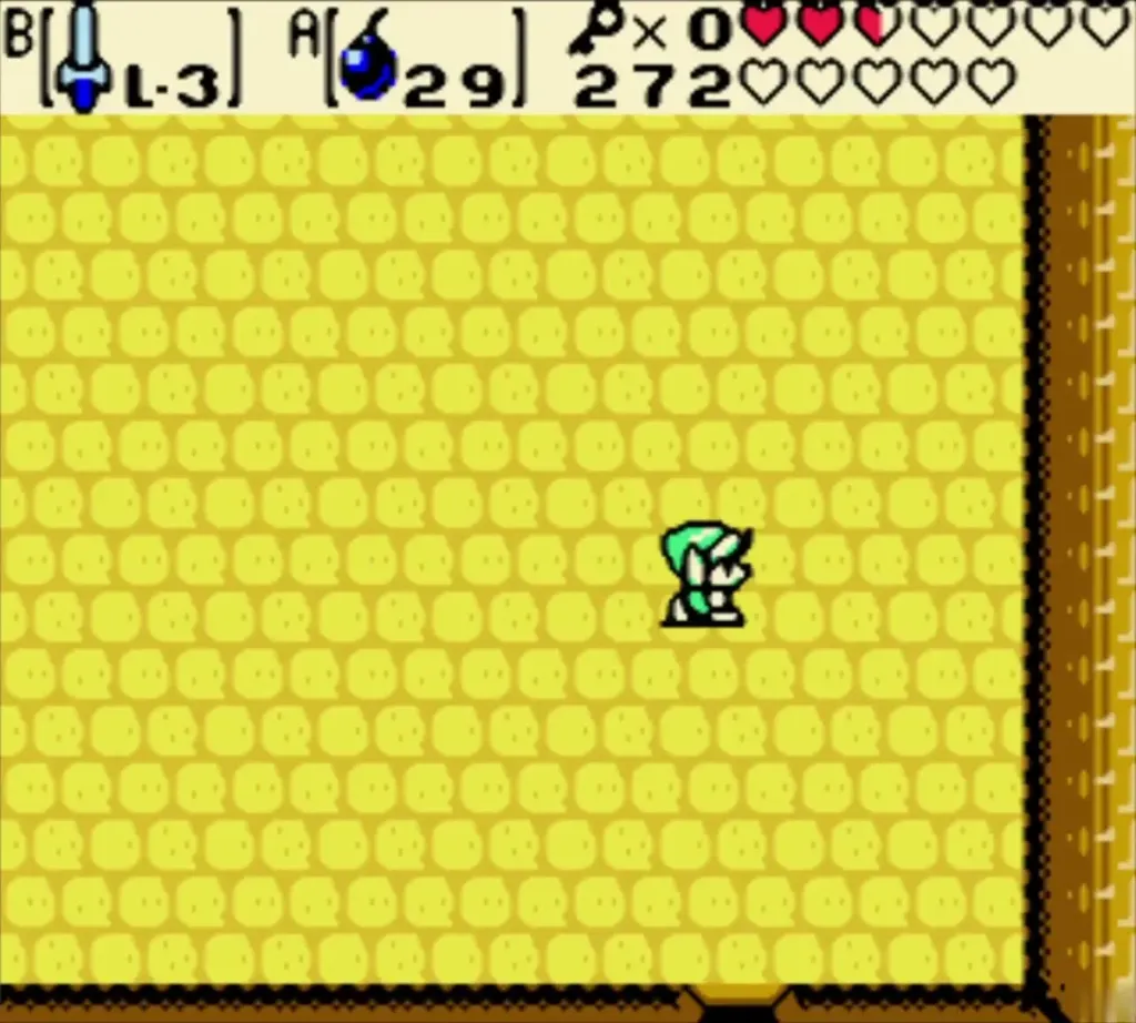 Link crossing the yellow room on the second floor, Bombs count at 29 Link crossing the yellow room on the second floor, Bombs count at 29