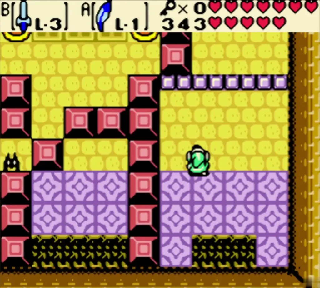 Link in an empty purple-tiled room with spiked walls Link in an empty purple-tiled room with spiked walls