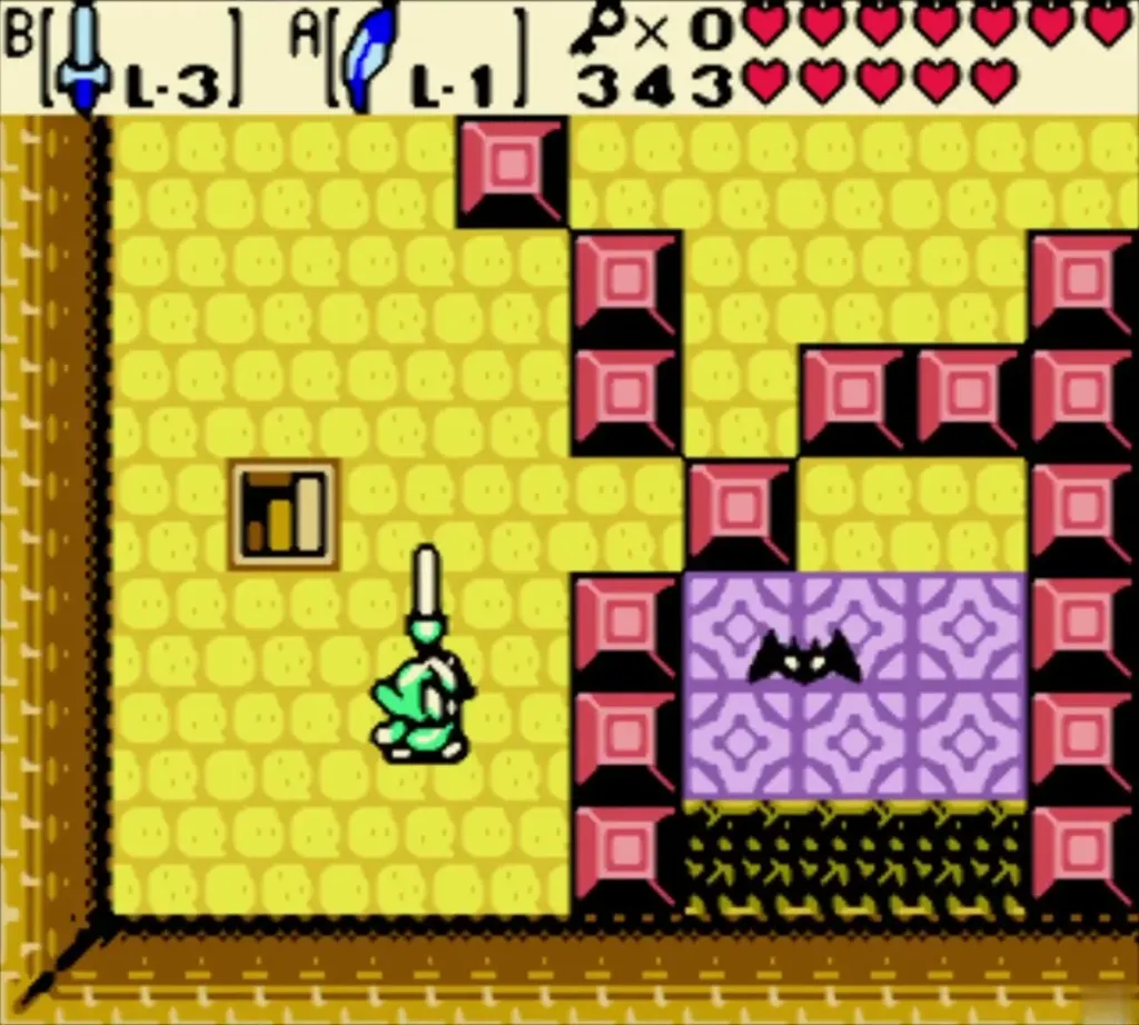 Link with the sword raised on the fourth floor among red blocks and a Keese Link with the sword raised on the fourth floor among red blocks and a Keese