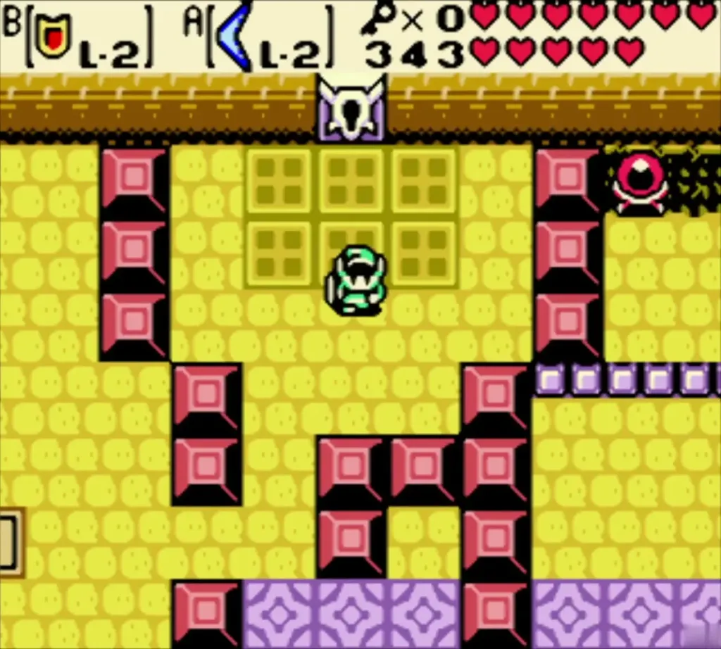 Link on the fourth floor of the Ancient Ruins beside rows of red blocks Link on the fourth floor of the Ancient Ruins beside rows of red blocks