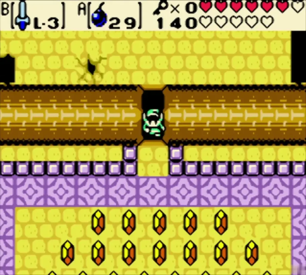Link entering the hidden rupee room through a bombed wall in the Ancient Ruins Link entering the hidden rupee room through a bombed wall in the Ancient Ruins