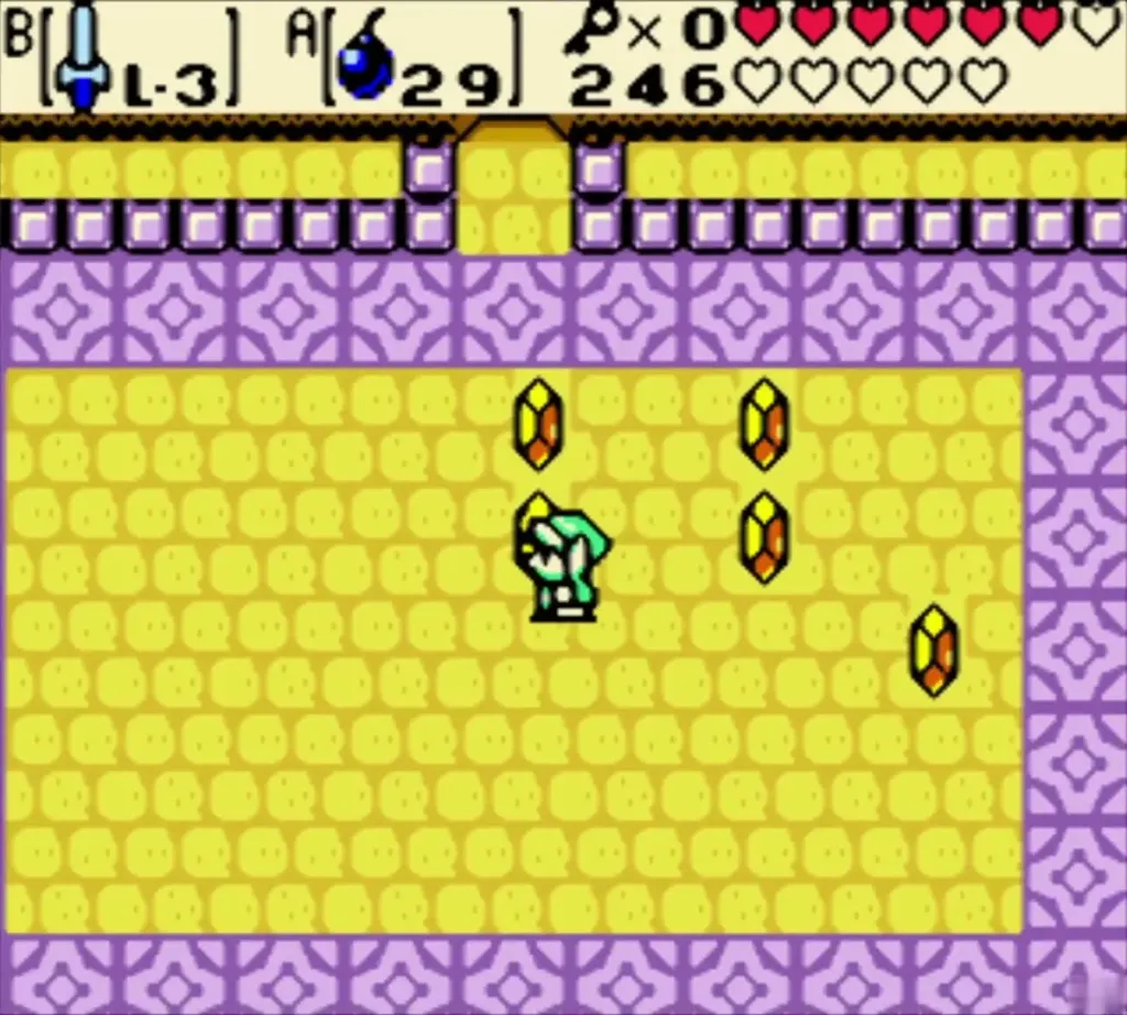 Link surrounded by Rupees in the hidden room, counter at 246 Link surrounded by Rupees in the hidden room, counter at 246