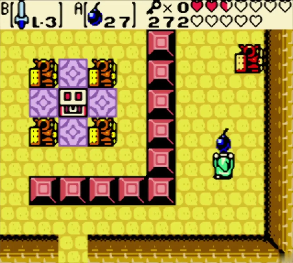 Link holding a bomb overhead beside the cracked wall in the Ancient Ruins Link holding a bomb overhead beside the cracked wall in the Ancient Ruins