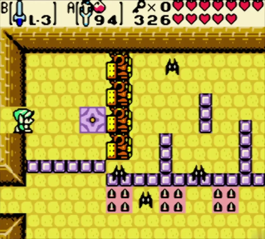 Link with the sword facing Keese bats in a torch-lit room of the Ancient Ruins Link with the sword facing Keese bats in a torch-lit room of the Ancient Ruins
