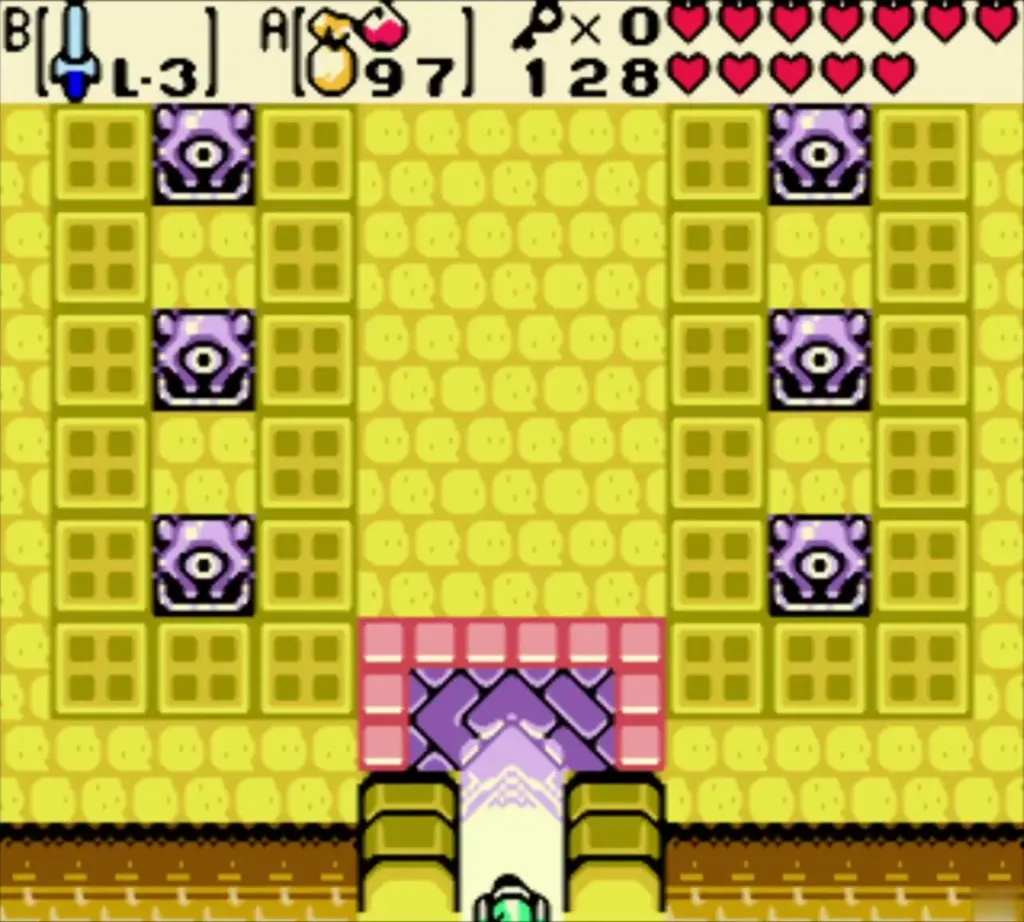 Link stepping through the temple doorway into the Ancient Ruins entrance room Link stepping through the temple doorway into the Ancient Ruins entrance room