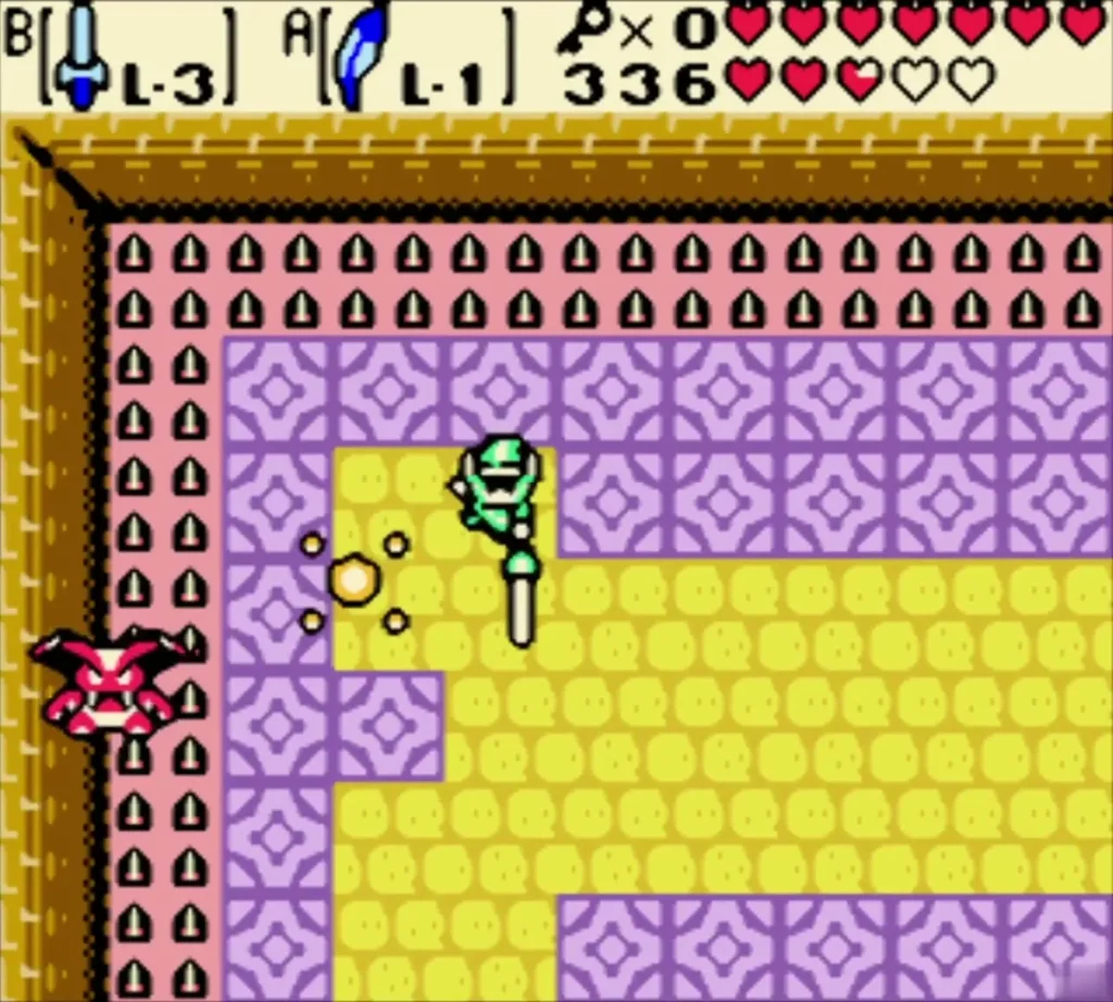 Link slashing with the sword at Vire, which hovers at the left edge of the room Link slashing with the sword at Vire, which hovers at the left edge of the room