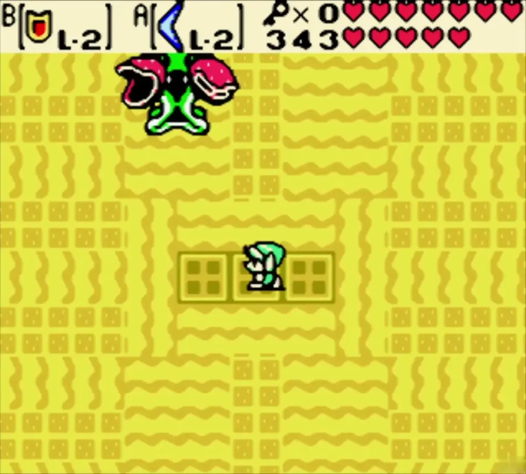 Link with his shield equipped facing Manhandla in the boss room Link with his shield equipped facing Manhandla in the boss room